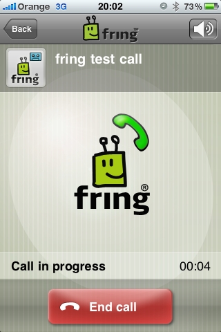 Testovací hlasový VoIP hovor v aplikácii Fring.