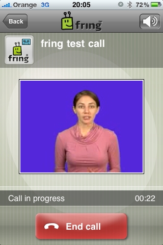 Testovací videohovor na iPhone v aplikácii Fring.