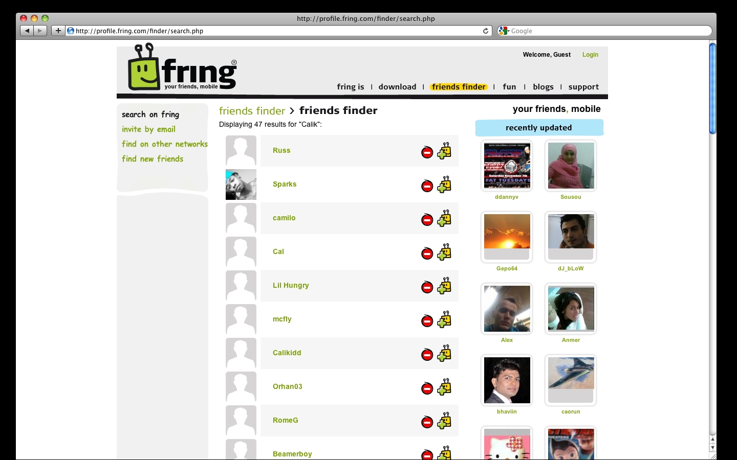 Vyhľadávanie priateľov na stránke www.fring.com/finder